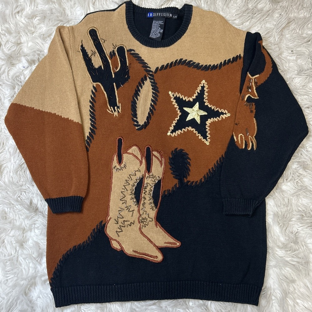 Vintage iB Diffusion 90's Western Country Boots Beaded Crewneck Knit Sweater L
